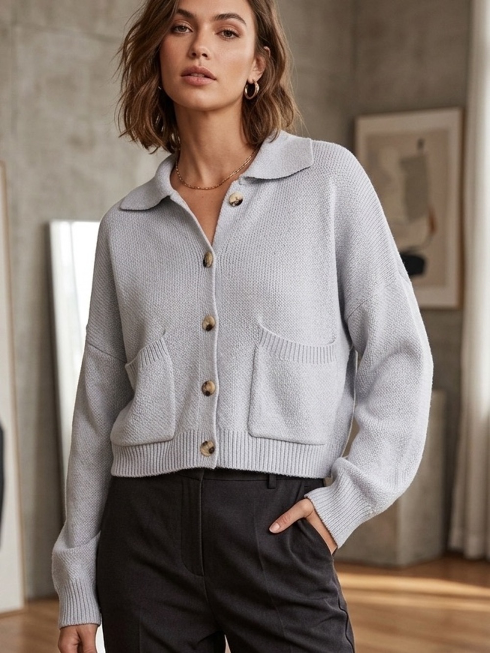 Nasty Gal Light Blue Collared Cropped Cardigan S NWOT